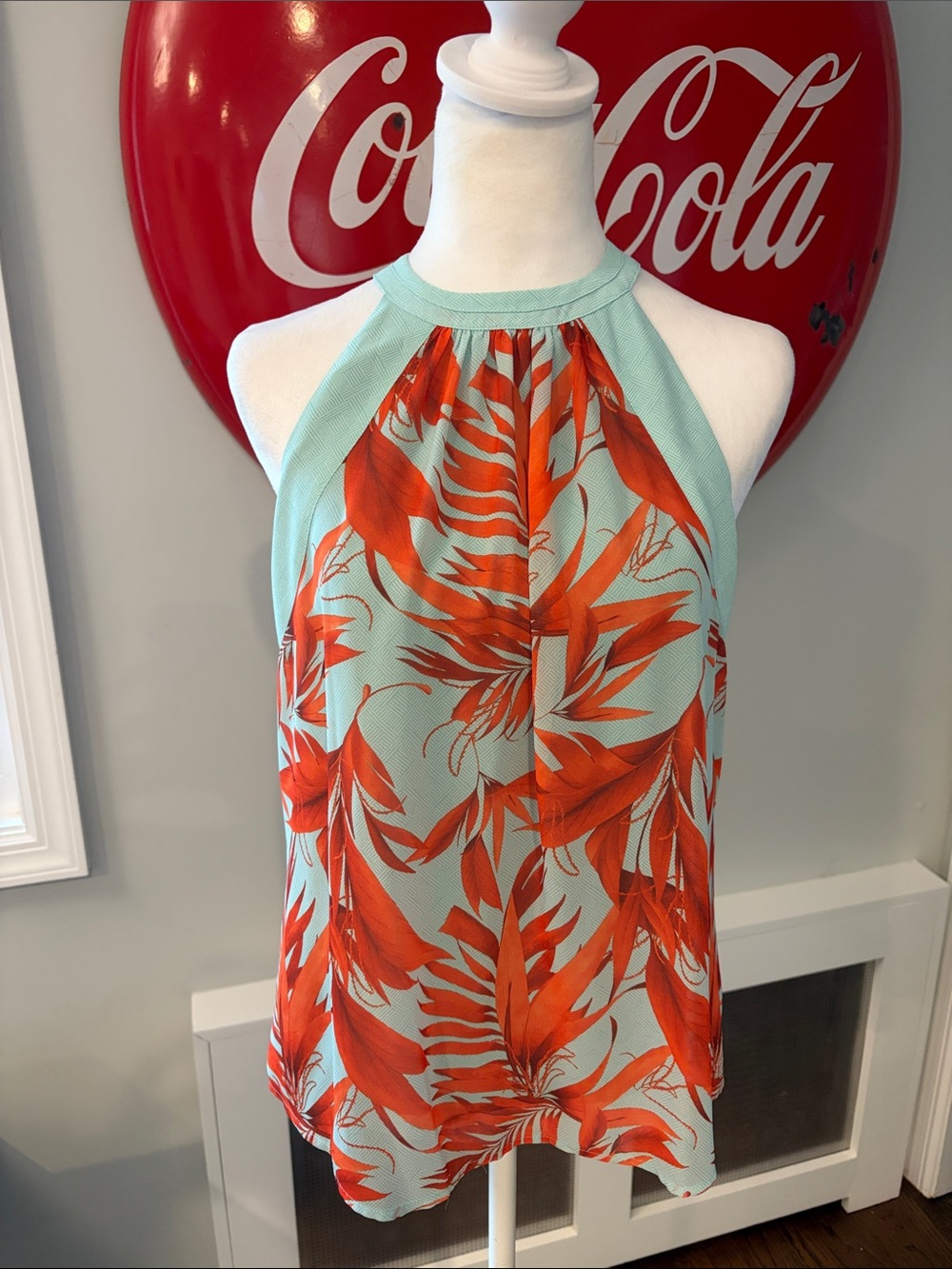 Vibrant Coral & Blue Halter Top Blouse T Back Fully Lined H&M, size 8
